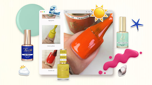The Hottest Summer Nail Colors You Need Right Now, Featuring Cobalt Blue, Tomato Red, Butter Yellow, Raspberry Pink, Sage Green, Lemon Yellow, and Mint Green.