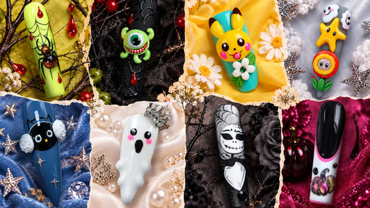 Halloween Pop Culture Character Nails: Monsters, Inc. Nails, Pokemon Nails, Super Mario Nails, Sanrio Nails, Casper Nails, Jack Skellington Nails, Realistic Spider Nails, and more