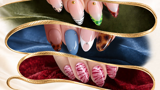 Fall nail trends collage featuring mixed safari prints, tortoiseshell details, and tiger stripe autumn manicure designs.